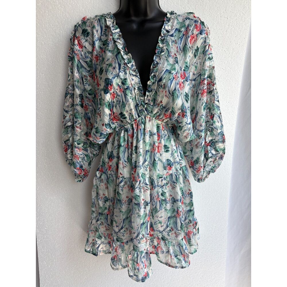 VICI Tyche Floral Ruffle Dress Size S Batwing Feminine V Neck Blue Flirty Brunch